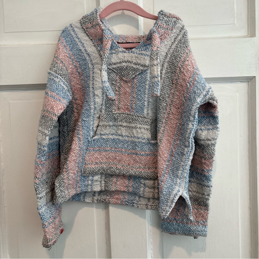 Toddler Sz 4 Hoodie Made In Mexico Mexican Poncho Pink Blue Woven Sweater
